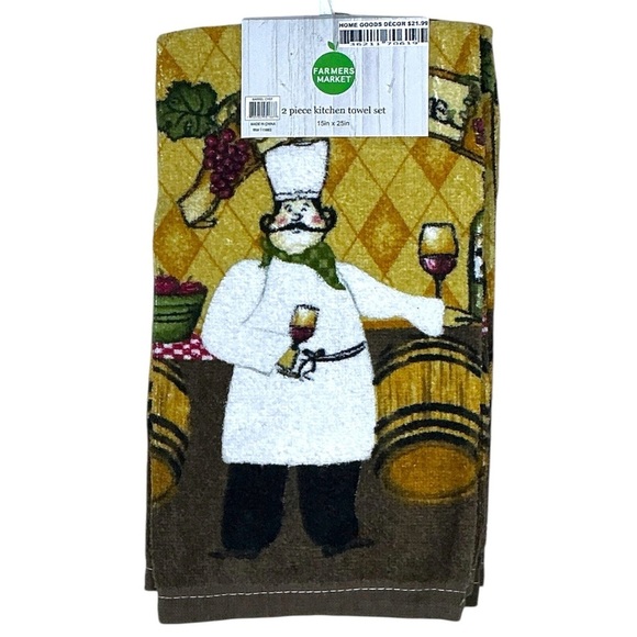 Farmers Market Kitchen Towels Wine Barrel Chef Cotton Velour Terry Set 2 Pieces - Picture 1 of 14